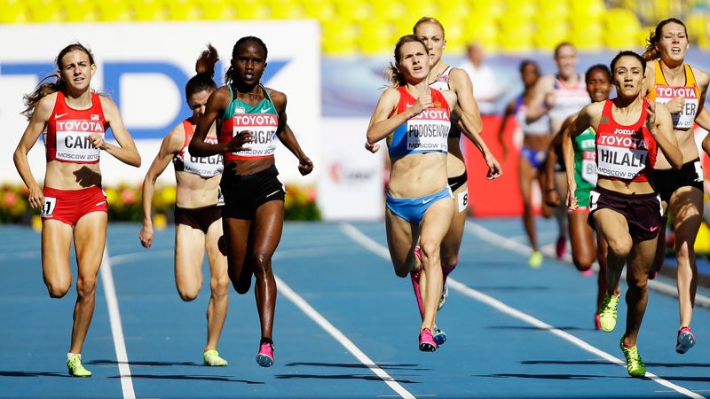 Mary Cain (far left) competes in a 1500-meter heat at the World Athletics Championships in Moscow on August 11, 2013. The 17-year-old announced today that she's turning pro.