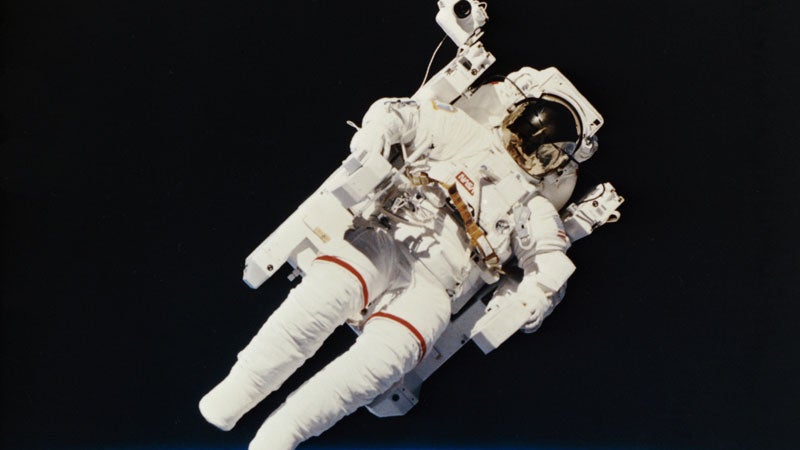 A look back: Bruce McCandless II, from Space Shuttle Challenger, first using the Manned Maneuvering Unit in 1984.