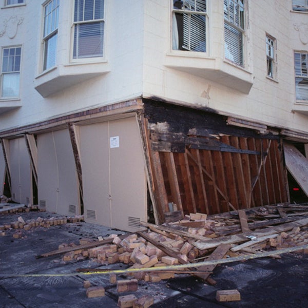 An apartment building damaged by the 1989 Loma Prieta earthquake. Last night's quake off the Northern California coast was just as strong.