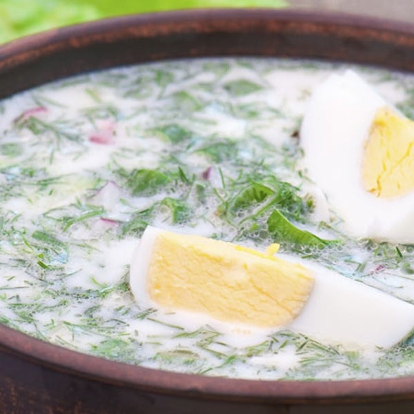 The ancient cheese bore a similar to modern kefir soup, pictured here with greens and eggs.