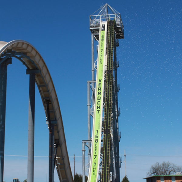 There are more than 168 reasons to eat lunch after you strap into one of Verrückt's rafts. schlitterbahn water slide world's tallest water slide outside online outside magazine netting protective drop ascend height speed fast insanity