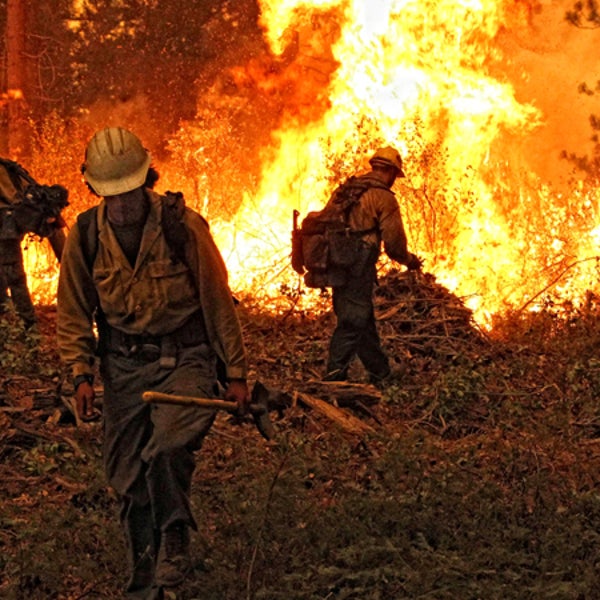 Firefighters work to suppress the Rim Fire, which burned for two months starting in August 2013.