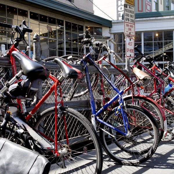 Cyclists line their bikes up outside of Seattle's Pike Place Market. Soon, they'll have a place to share bikes too.