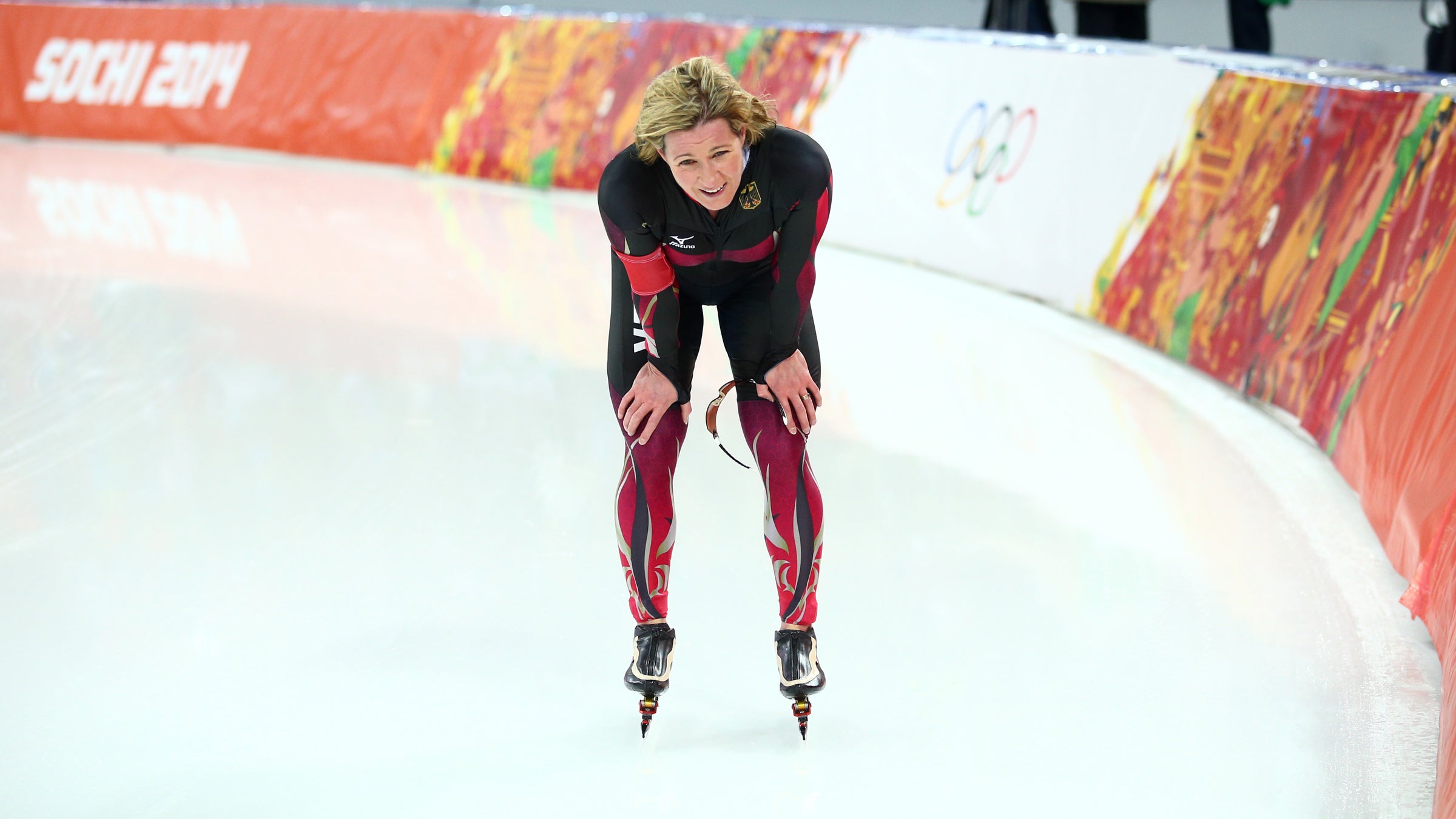German Speed skater Claudia Pechstein at the Sochi 2014 Olympic Games. In 2009 Pechstein became the first athlete to receive a ban from the CAS from a biological passport screen.