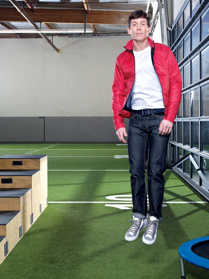 On Neal: White S/S crew and Space jacket by Aether Apparel; Matchstick jeans by Levi’s Water-Less; Center Hi shoes by PF Flyers; Neal’s own belt. Click to enlarge.