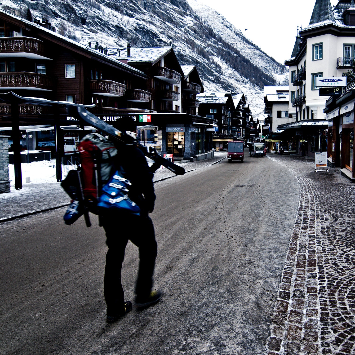 A cool thing about this ski resort is that it's completely cut off from regular traffic. It can only be accessed with a single train line. After that, all transportation within the resort is done with electrical vehicles